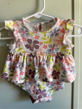 Just Lizzy Floral Ruffle One-Piece in White with Pink & Purple Flowers